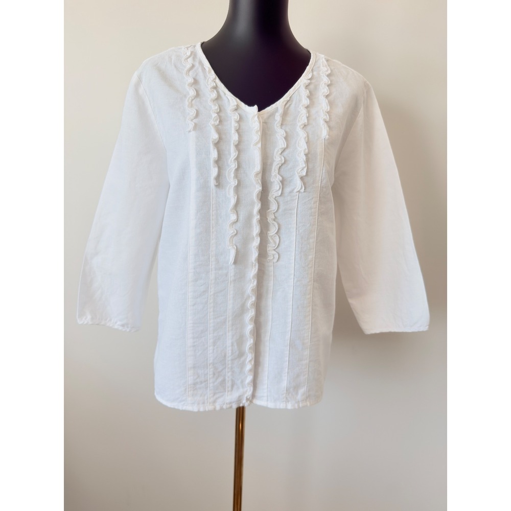 Crazy Horse Liz Claiborne White Linen Blend Ruffle Pintuck V-Neck Blouse 12